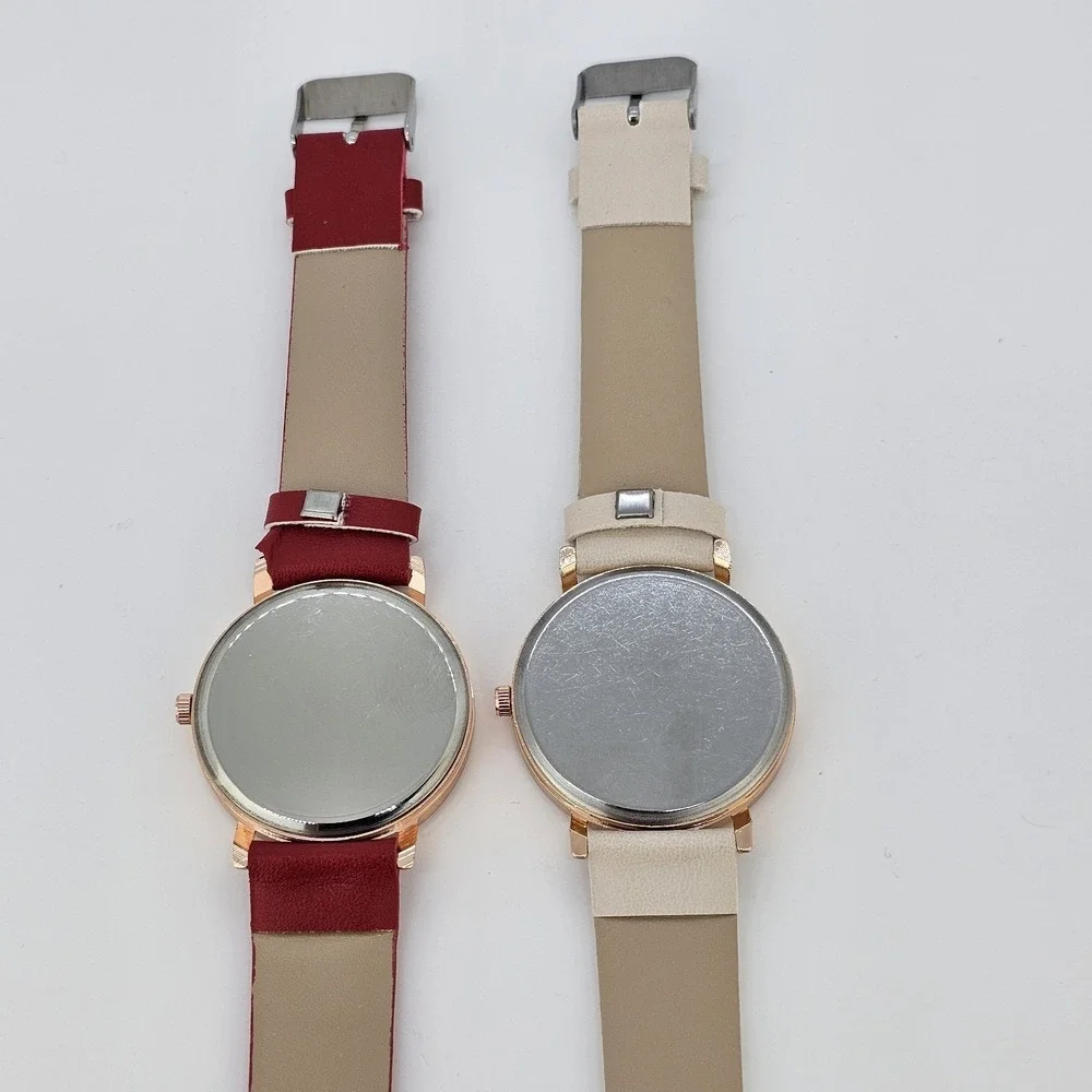 2X Women's‎ Watch 36MM White Cream Dial Red Cream Faux Leather Bands NEW Battery